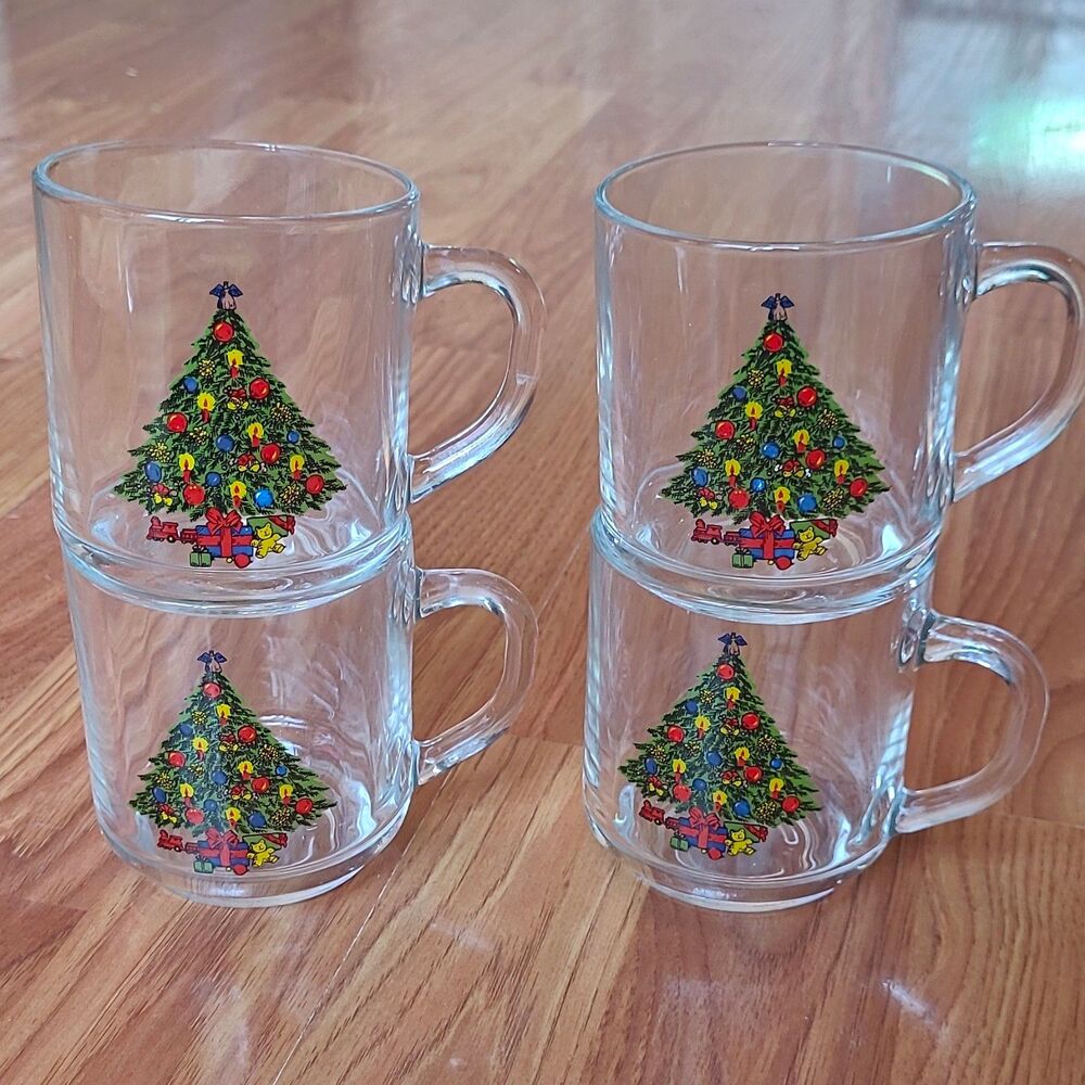 Vintage Luminarc Set of 4 Clear Glass Mugs Christmas Tree Decorated, Christmas